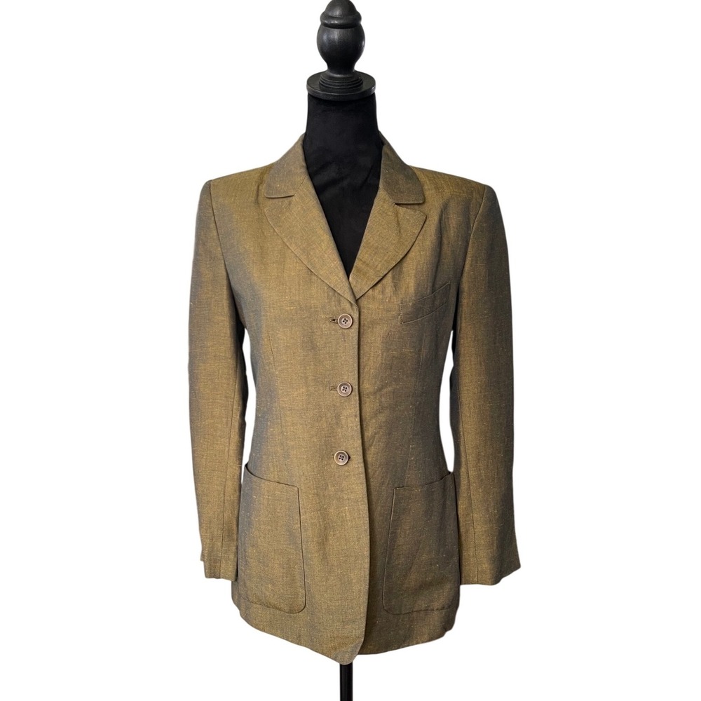 Jones NY Womens 8 Petite Blazer Metallic Brown Gold Linen Blend Button Front VTG